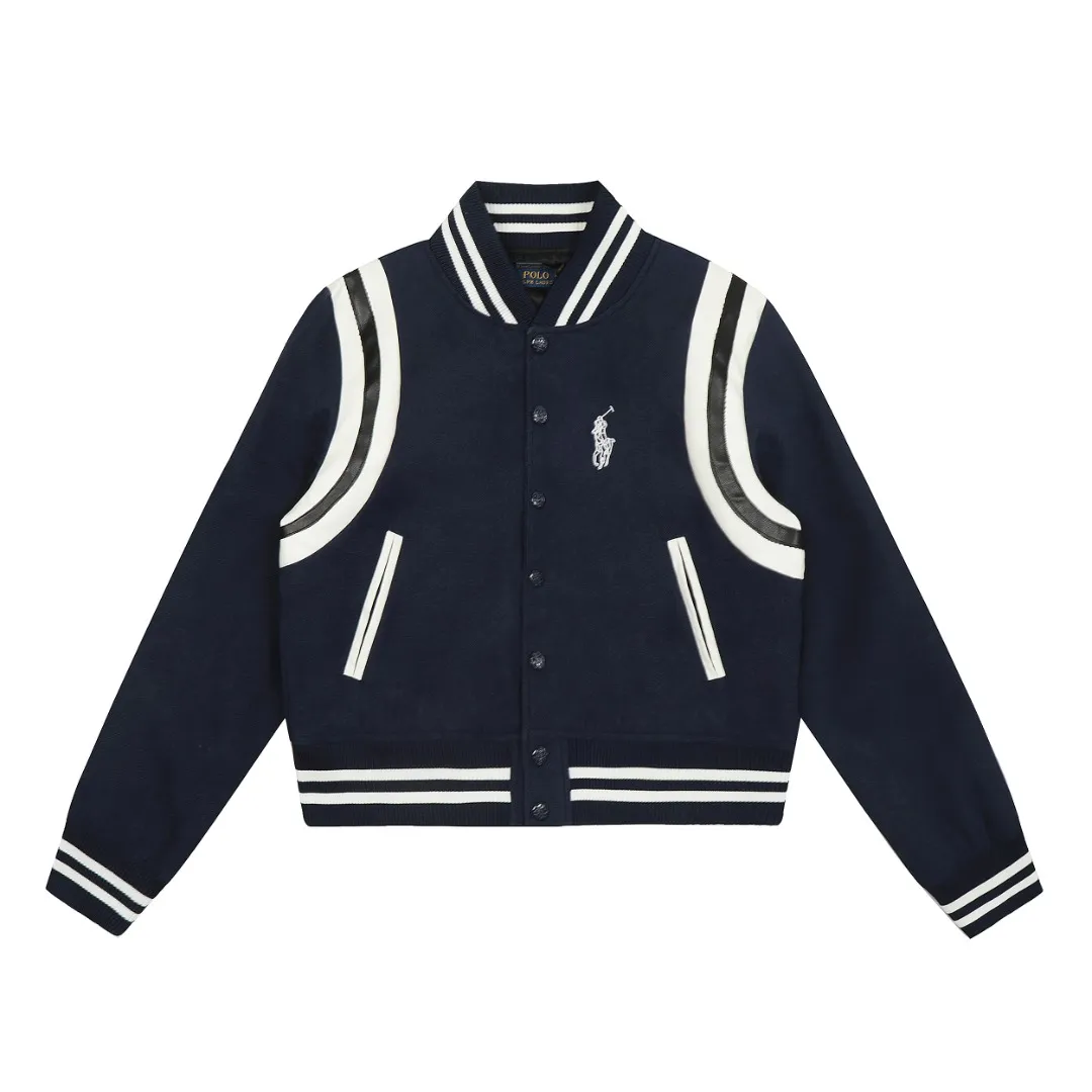 P300 Top quality" Style number: 8087# [Ralph Lauren American retro pony embroidery splicing baseball uniform] ✅Ralph Lauren classic basic wool splicing leather star's same baseball jacket ✅YB mold opening piqué twill 60 wool fabric Differentiated from the market polyester wool substandard ✅shoulder splicing soft lambskin custom laser embossed RL original four-button four-strand thickened custom thread ✅This style is on the short side and the upper body is very flattering. Versatile style YYDS~ ✅The upper body is simple and easy to match. A must-have for goddess ootd. Good-looking clothes are never picky. A must-have in the goddess’ wardrobe. Size: S-XL Color: Navy Blue